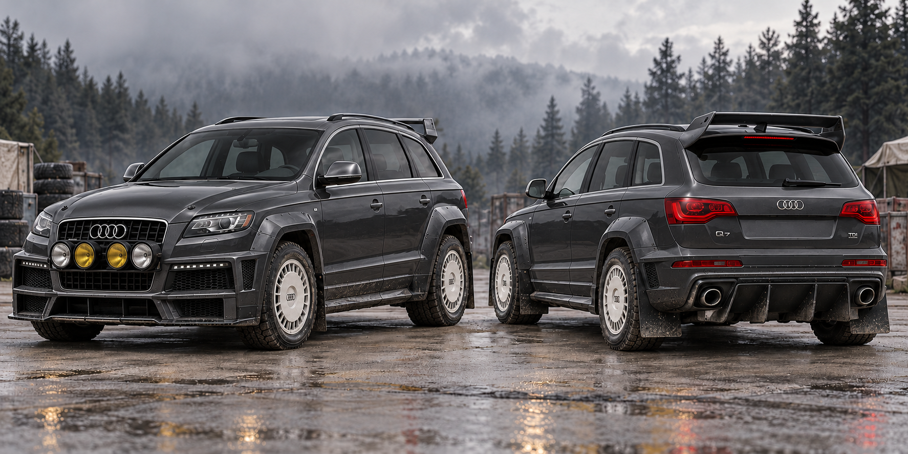 Concept artwork showing front and rear views of a proposed dark graphite 2013 Audi Q7 with box arches, a front air dam, rear diffuser, and roof wing